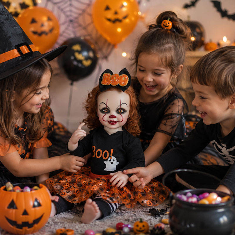 22 inch Halloween clown reborn doll with full vinyl body, orange curly hair, eyes open and pumpkin tutu, suitable as a gift for children, elders, and companions