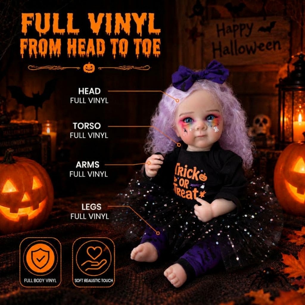 20 Inch Halloween Reborn Doll Curly Hair Blue Eyes Colorful Makeup Full Vinyl Body for gifts