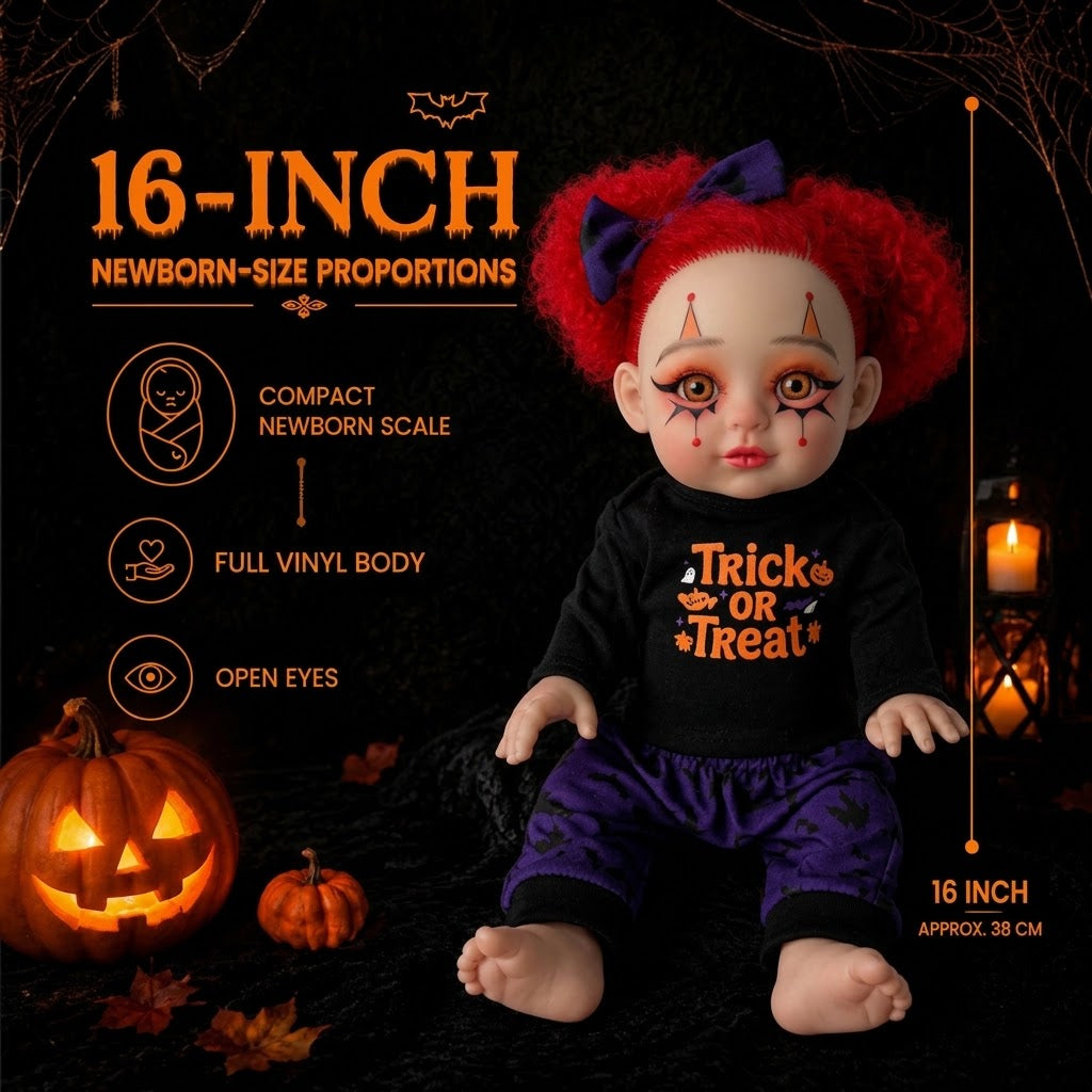 16 Inch Halloween Reborn Doll Red Curly Hair Orange Eyes Clown Makeup Full Vinyl Body Toy for Seasonal Gifts Party Props