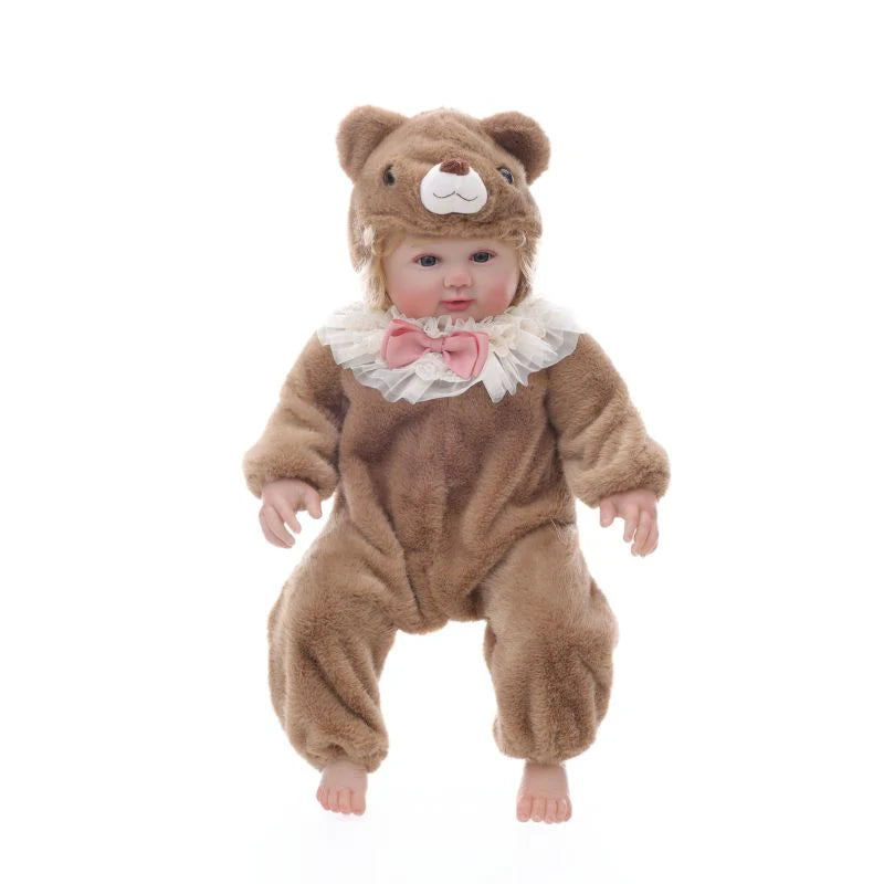 28-Inch/70cm Realistic Vinyl Baby Doll in Brown Plush Bear Suit – Hand-Painted Collectible with Blue Acrylic Eyes