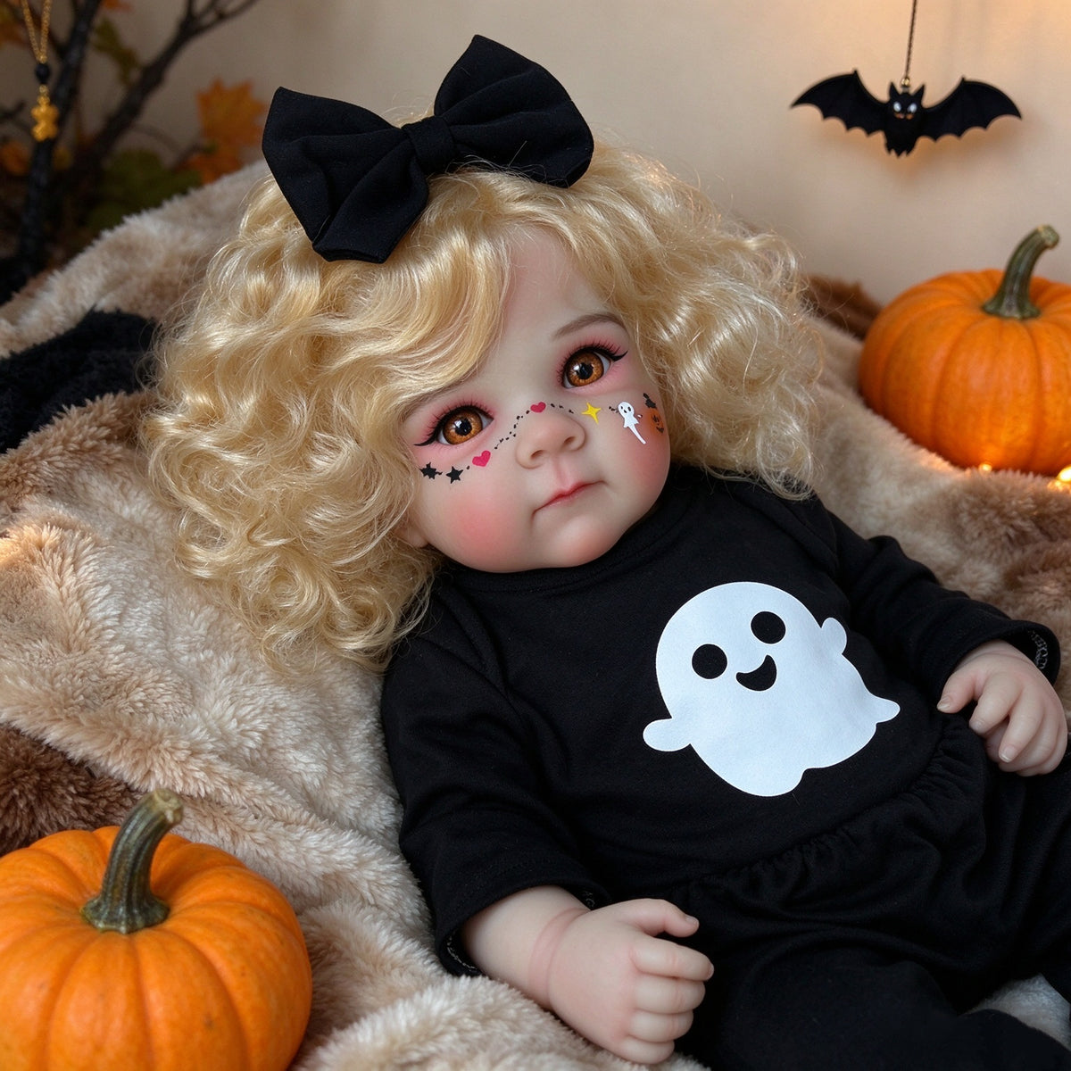 20 inch Halloween simulation Full vinyl Body Reborn Doll with golden curly hair, ghost print, black bow, gift box toy