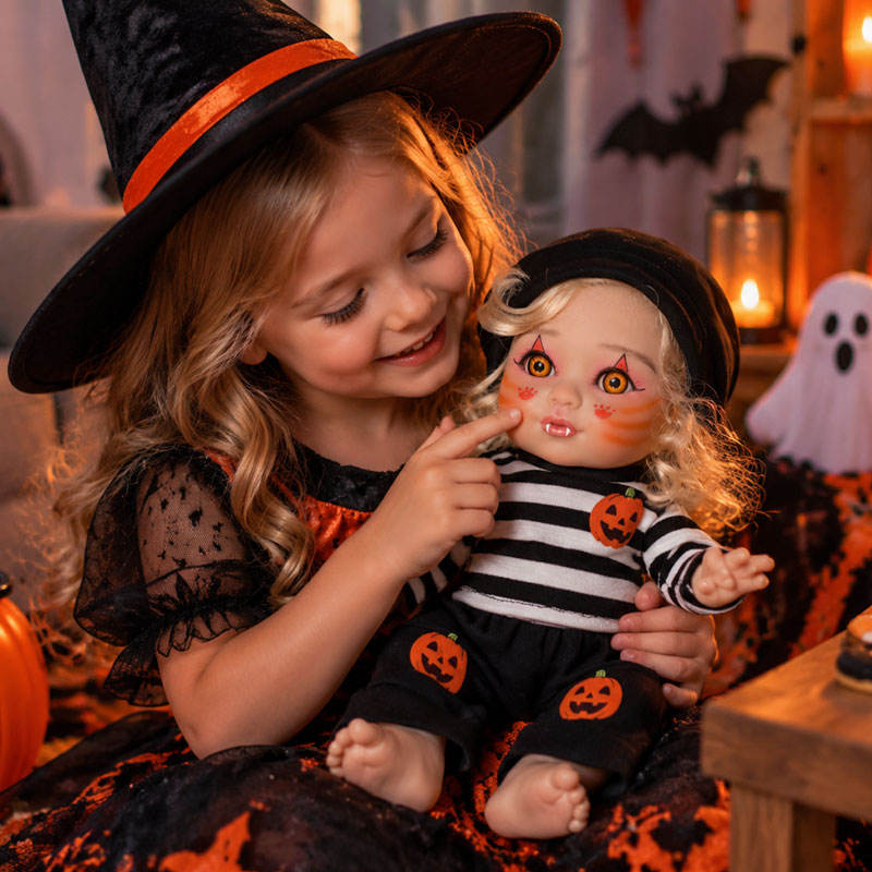 16 Inch Halloween Elf Reborn Doll with Full Vinyl Body Open Eyes Blonde Curly Hair Holiday Costume Collectible Gift