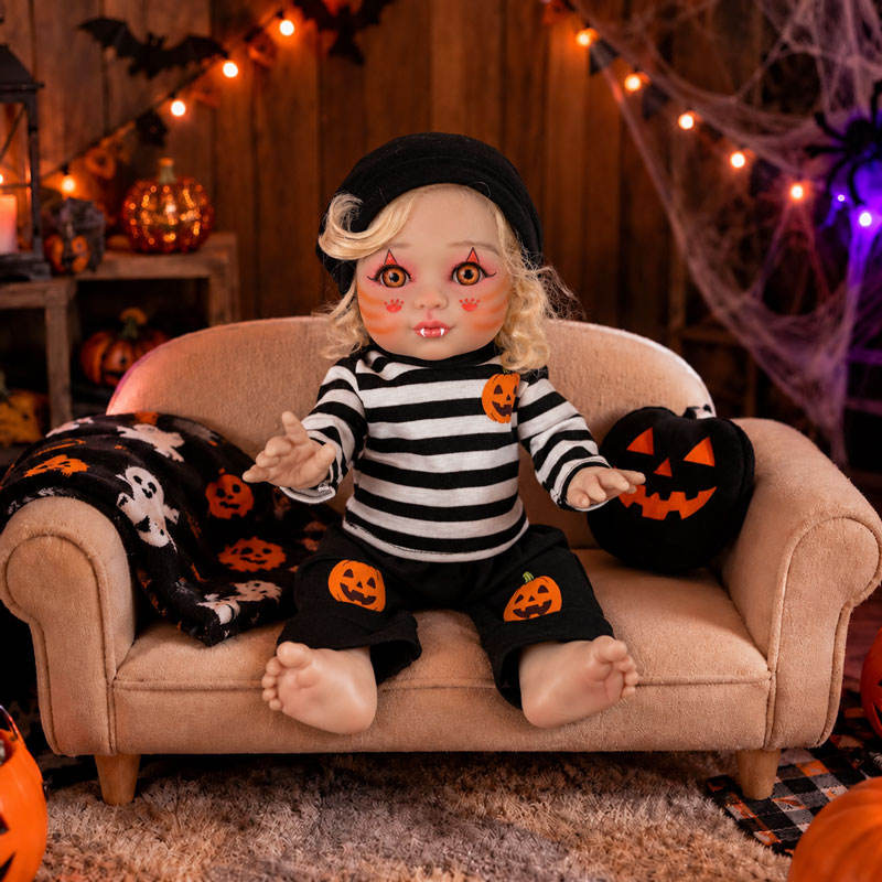 16 Inch Halloween Elf Reborn Doll with Full Vinyl Body Open Eyes Blonde Curly Hair Holiday Costume Collectible Gift