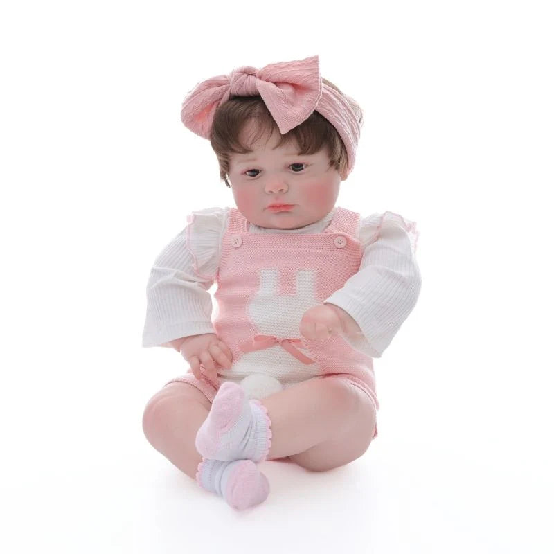 26-Inch/65cm Realistic Vinyl Baby Doll in Pink Outfit with Bow Headband – Hand-Painted Collectible Doll with Brown Eyes