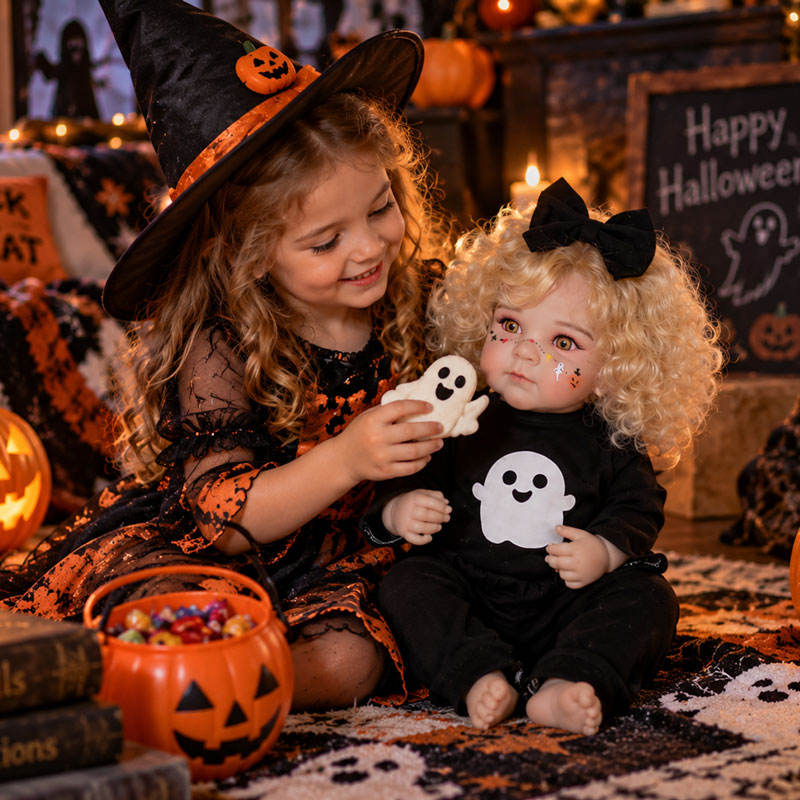 20 inch Halloween simulation Full vinyl Body Reborn Doll with golden curly hair, ghost print, black bow, gift box toy