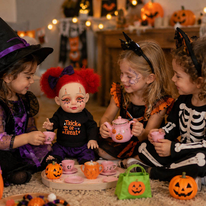 16 Inch Halloween Reborn Doll Red Curly Hair Orange Eyes Clown Makeup Full Vinyl Body Toy for Seasonal Gifts Party Props