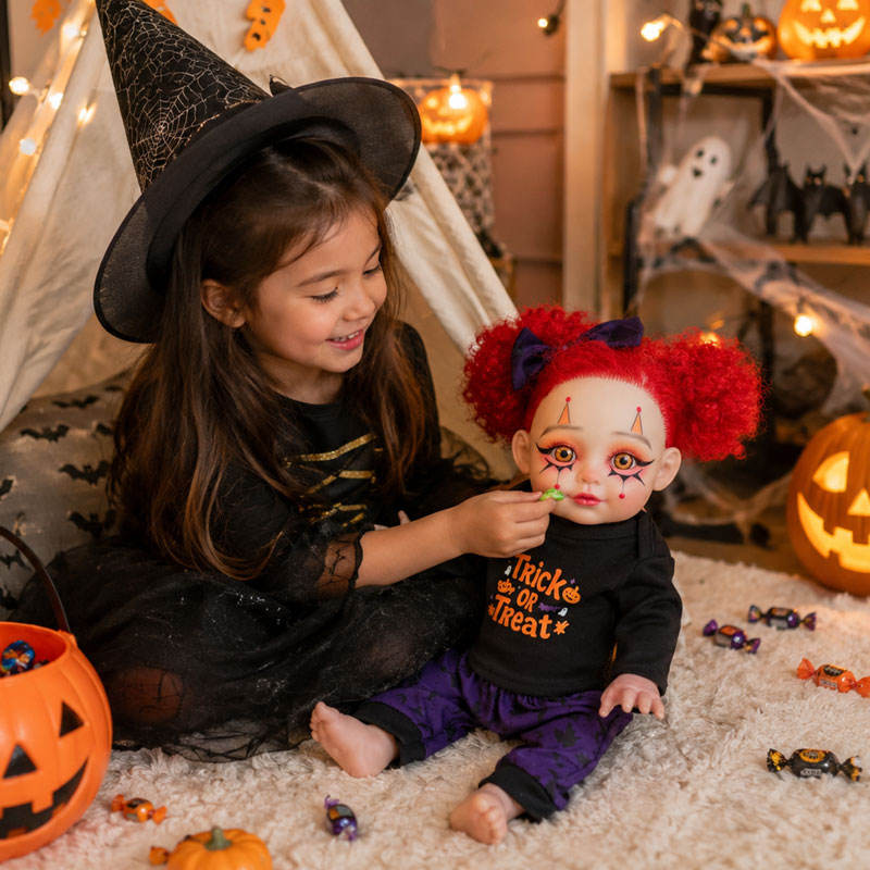 16 Inch Halloween Reborn Doll Red Curly Hair Orange Eyes Clown Makeup Full Vinyl Body Toy for Seasonal Gifts Party Props
