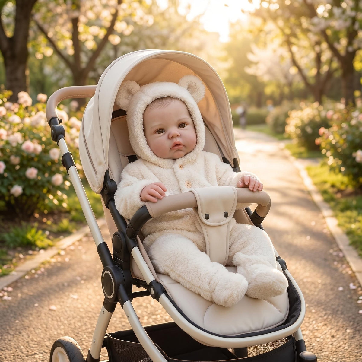 19 Inch with Cloth Body Awake Reborn Baby Doll, Cream Fluffy Bear Ear Hooded Footed Jumpsuit, Ideal Birthday, Christmas Holiday Gift, Cuddly Companion Toy For Kids & Adult Doll Enthusiasts