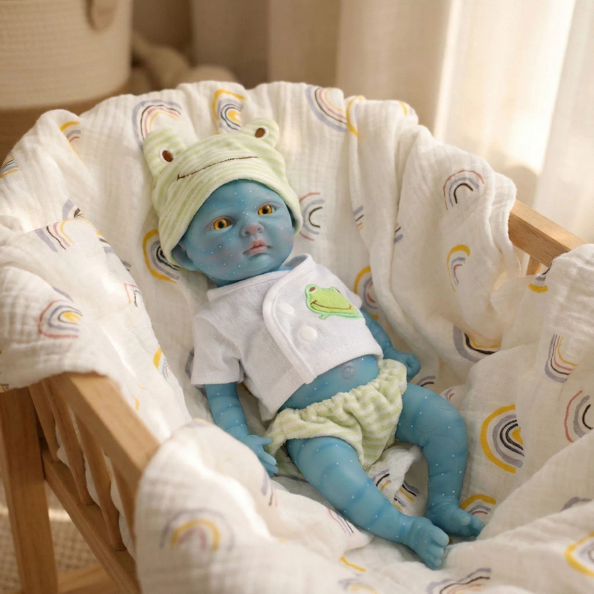 12 inch green striped frog hat fairy avatar solid silicone reincarnation doll for children's Christmas gift