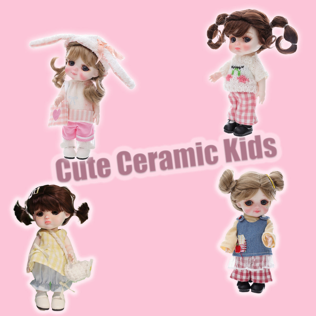 6 Inch Mini with Full Ceramic Body Doll Cute Double Ponytail Cherry Knit Outfit Collectible Desktop Decor Gift