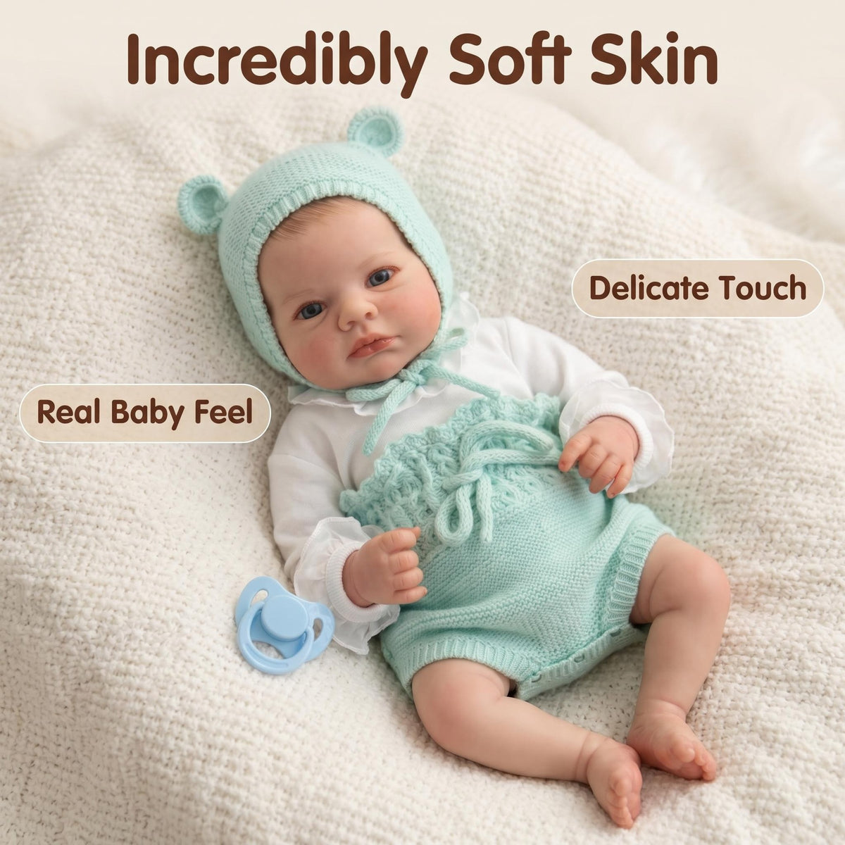 19 inch with Cloth Body Reborn Doll Knotted Bear Ear Bonnet Textured Knit Romper Nursery Tabletop Display Prop