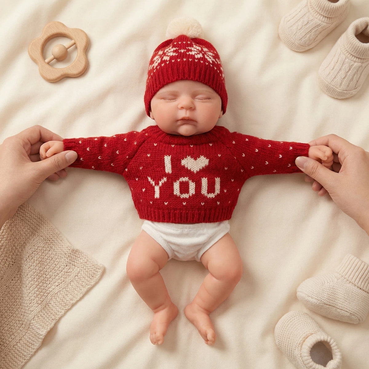 12 Inch Long Sleeve Red Sweater Hat Peaches Solid Silicone Reborn Doll