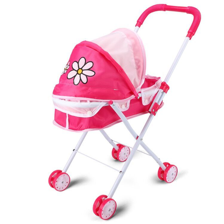 Realistic 4-Wheel Doll Stroller, Adjustable Handle & Canopy Doll Buggy, Safe Toy Stroller for 3+ Years Old Girls